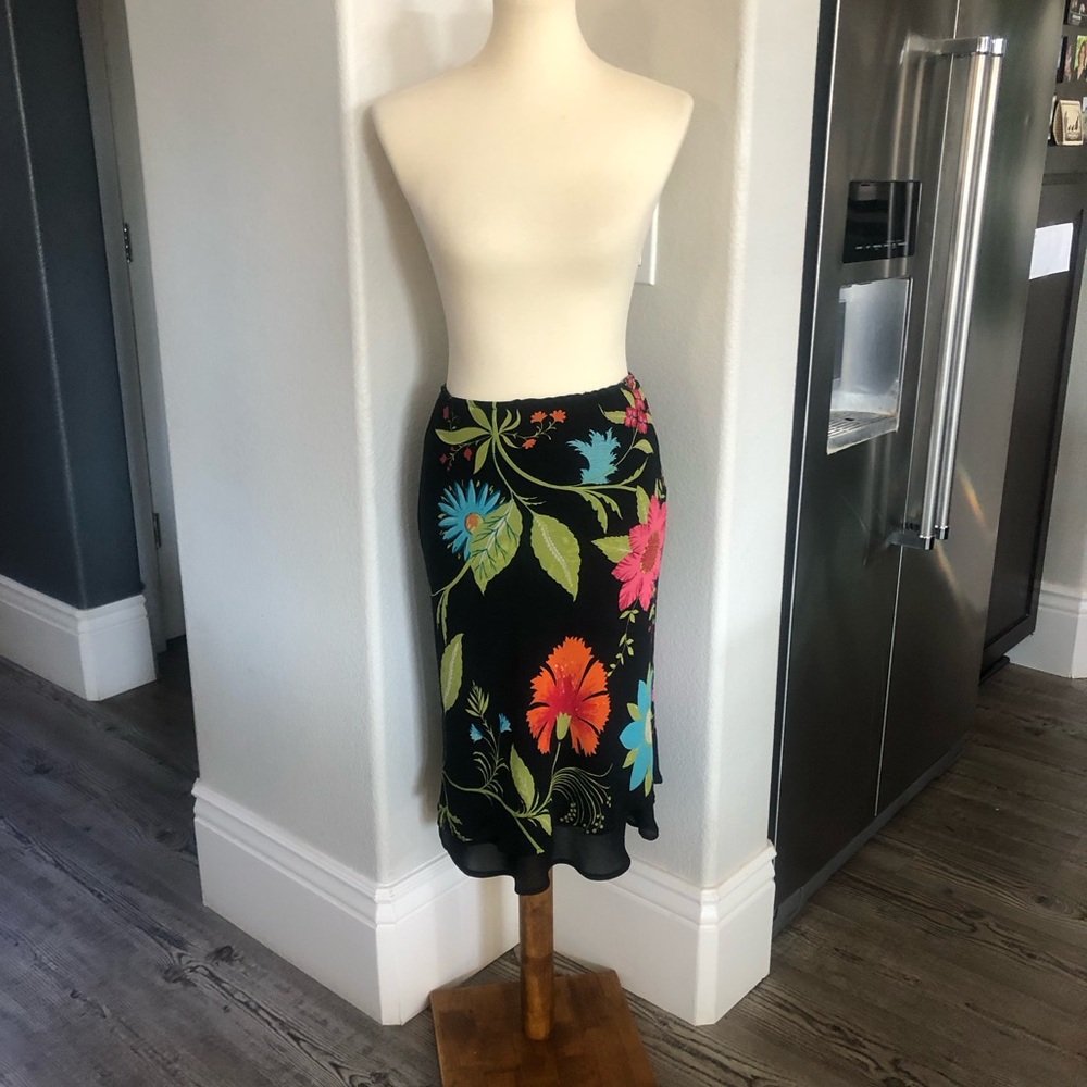 Arden B Designer Silk Vibrant Floral Black Midi Lined Skirt